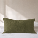 Front view of oversized moss green linen euro sham on white bedspread